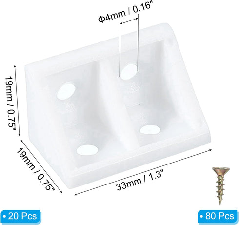 0.75x0.75x1.3, 20 Pack PATIKIL Plastic Corner Braces L-Shape Bracket Right Angle Board Holder Shelf Support with Screws