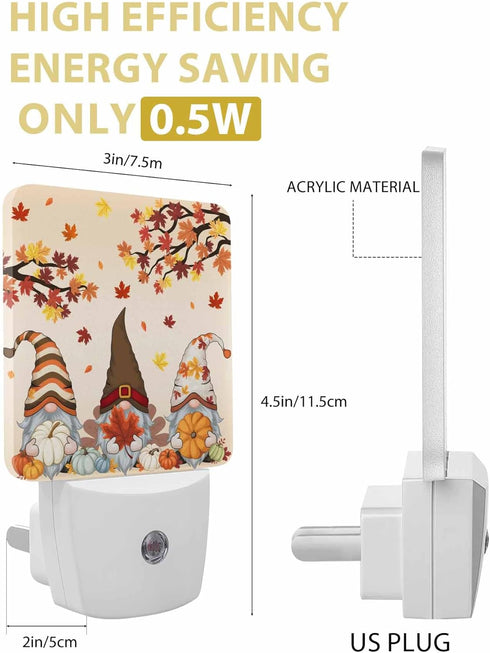 JasmineM Thanksgiving Fall Gnome Plug-in LED Night Lights Autumn Pumpkin Maple Leaves Auto Dusk-to-Dawn Sensor