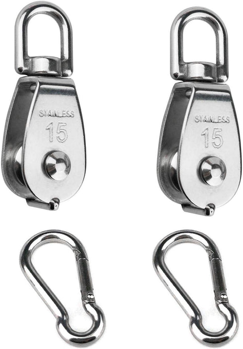 2PCS 304 Stainless Steel Single Pulley Block M15, Wire Rope Crane Pulley Block with 2PCS Spring Snap Hook.