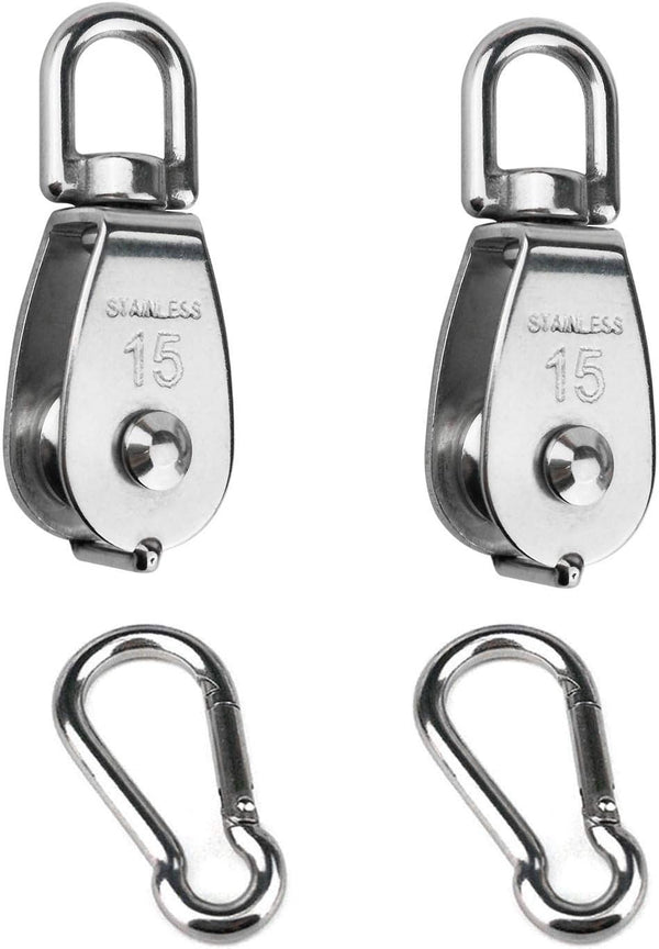 2PCS 304 Stainless Steel Single Pulley Block M15, Wire Rope Crane Pulley Block with 2PCS Spring Snap Hook.