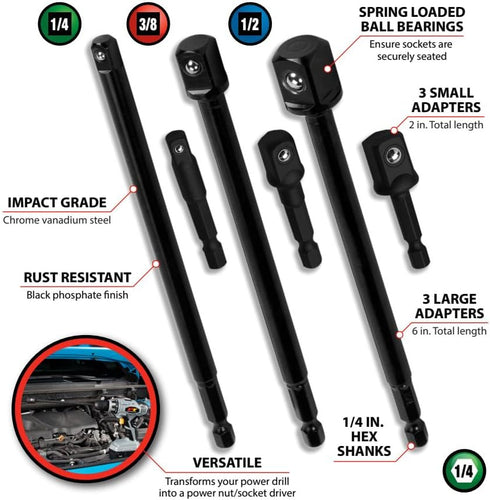 Performance Tool W9032 Socket Adapter Set, 2" and 6" Impact Grade Steel, 6 Pieces for Versatile Compatibility