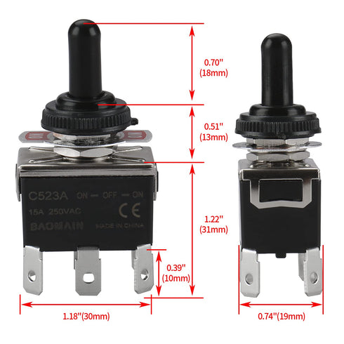 Baomain Toggle Switch with Waterproof Boot Cap, AC 250V 15A DPDT 3 Position ON/OFF/ON, Pack of 5