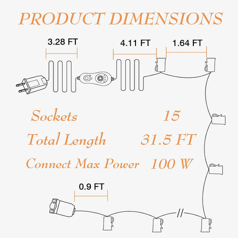 31.5FT C9 Dimmer Dimmable C9 15 E17 19.68" String Lights with and Timer - Light String with Light Sockets Spacing