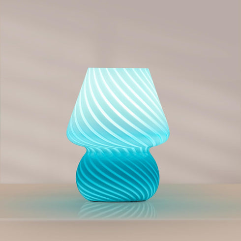 Bulb ONEWISH Mushroom Lamp, Small Table Lamp with Sea Blue Striped Glass, Nightstand Lamp Included