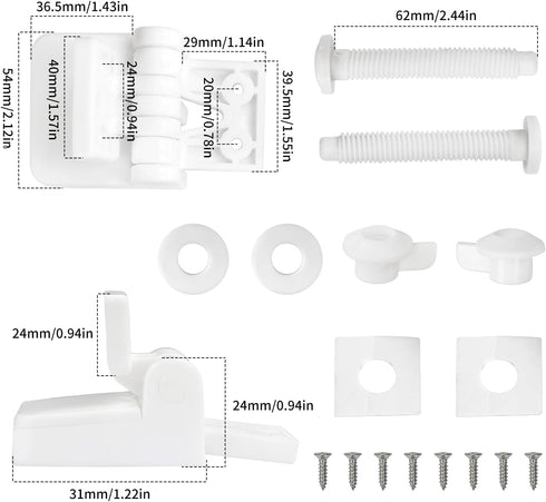 Meaferks Set lids,1 (2Pcs- MFL15) Toilet Seat Hinges Replacement Parts White Plastic Hinge with Screws, Connectors