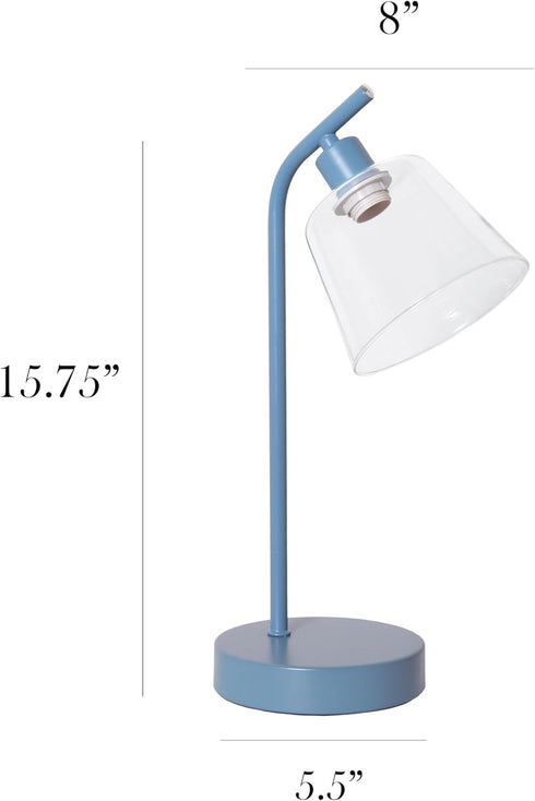 LD1080-BLU 16" Simple Designs Sleek Essentials Modern Industrial Metal Desk Lamp with Clear Glass Shade, for Office