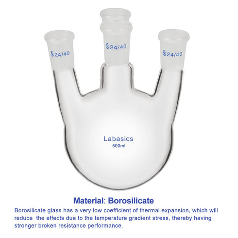 Round Bottom Flask RBF, 500 ml Heavy Wall 4 Neck Borosilicate Glass Flask with 24/40 Standard Taper Joint