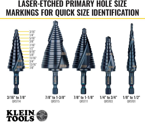 Klein Tools QRST14 Step Drill Bit, Quick Release, Spiral Double-Fluted, 3/16 to 7/8-Inch, Hex Shank, Cut Steel