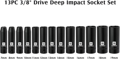 13 3/8-Inch Set, 7mm 19mm, 6 13 3/8" MIXPOWER Pieces Drive Deep Impact Socket to CR-V, Metric, Point, Deep, Pieces Dr.