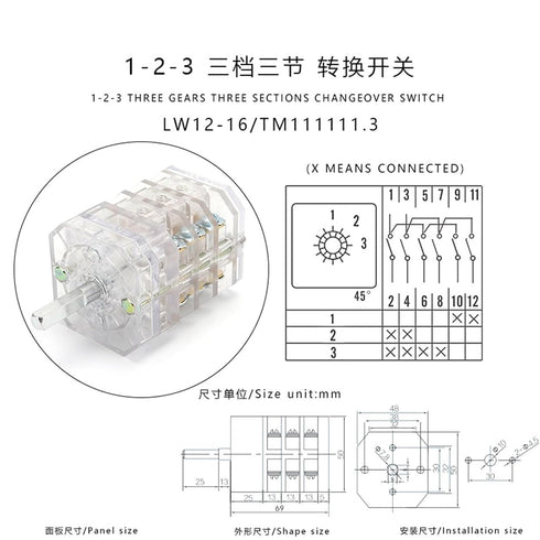 ZKWYVYZC LW12-16/TM111111.3 16A Three Position Three Pole Transparent Univeral Changeover Rotary Cam Switch for Meat
