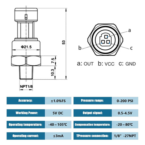 200 PSI Pressure Transducer Sensor with Connector Harness, 1/8"NPT Thread Stainless Steel Transmitter