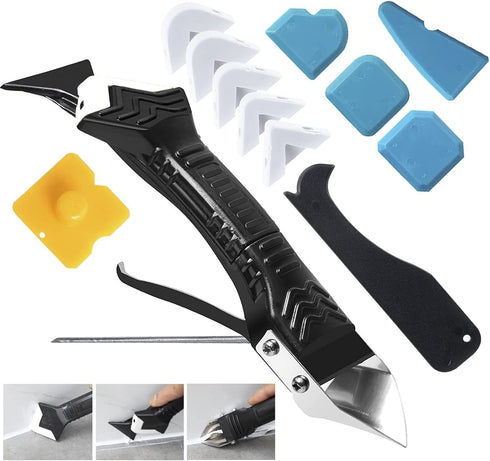Silicone Caulking Tool, 5 in 1 Caulking Sealant Finishing Tool with Grout Scraper, Adhesive Residue Scraper for Kitchen