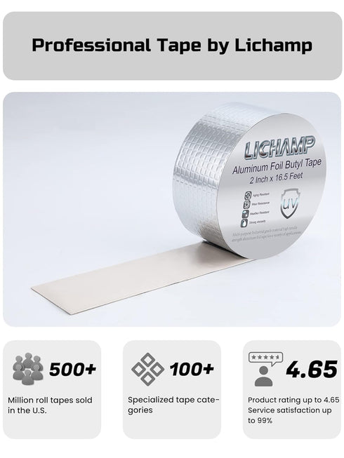 Lichamp Aluminum Butyl Tape, Waterproof Butyl Aluminum Foil Tape, 2 inches x 16.4ft for RV Repair