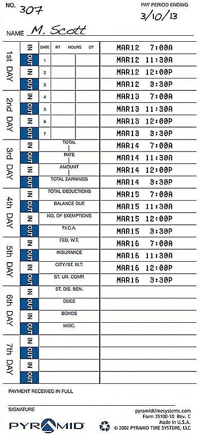 Pyramid Time Systems 3510010 100/PK Pyramid Time Cards f/Time Recorder Black