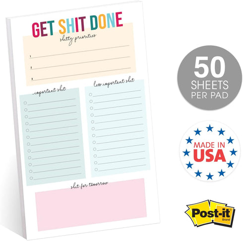 Get Shit Done To Do List, 6" x 10" Hilarious Sticky Note, 50 Sheets Per Pad, Snarky Schedule Checklist, Made in USA