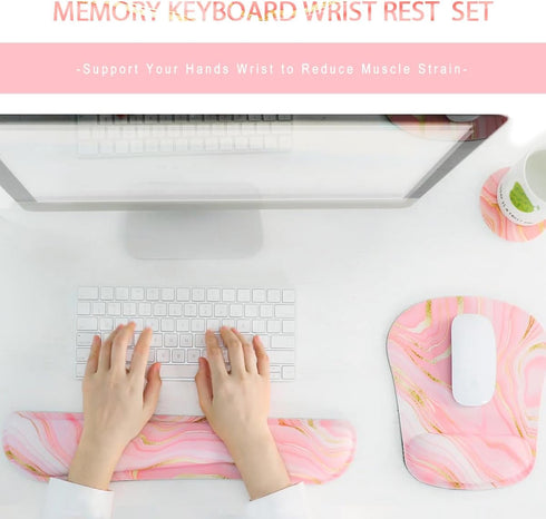 Memory Foam Ergonomic Keyboard Wrist Rest Pad and Mouse Support Set for Office Gaming, Pink Fluid