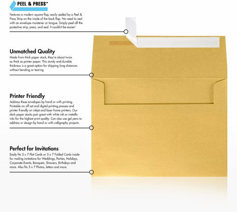 LUXPaper Gold Metallic A7 Invitation Envelopes | Peel & Press | 5 1/4" x 7 1/4" | 80lb Text | 50 Qty