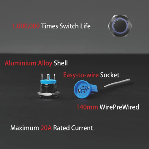 LED Momentary Push Button Switch, Aluminum Alloy, IP67 Waterproof 5-24V 20A 1NO with Wire Socket Plug