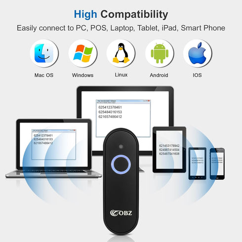 OBZ Mini Bluetooth Barcode Scanner, Upgraded 2D Wireless Handheld Scanner, Compatible with Mac OS, Windows, iOS,