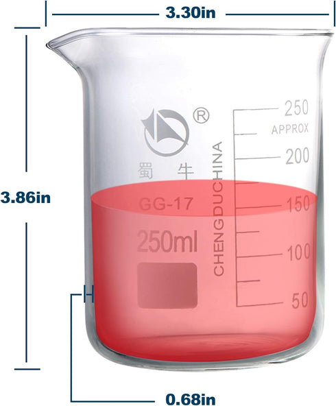 Glass Beakers, Pack of 6, 3 Graduated Griffin Beakers (250ml, 100ml, 50ml), 3 Glass Droppers (3ml per Drop)