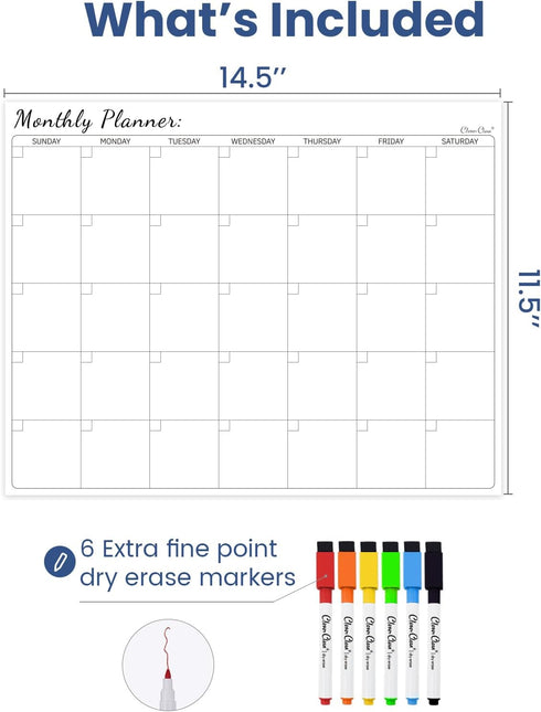 Clever Clean Non-Magnetic Dry Erase Calendar for Fridge, Reusable with 6 Markers, Sticks to Smooth Surfaces