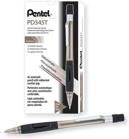 Pentel Quicker Clicker Automatic Pencil, 0.5mm Lead Size, Transparent Black Barrel, Box of 12