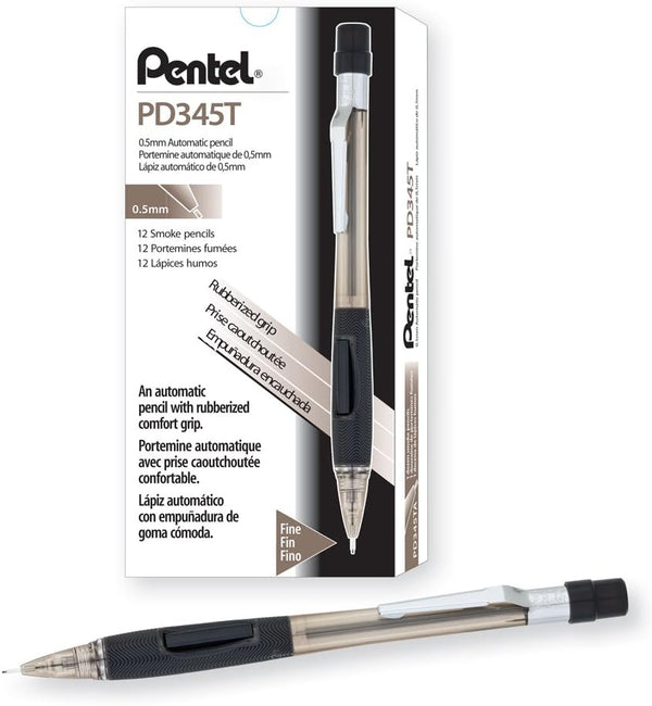 Pentel Quicker Clicker Automatic Pencil, 0.5mm Lead Size, Transparent Black Barrel, Box of 12