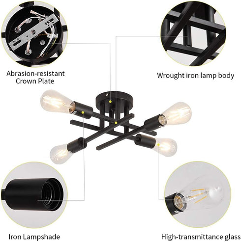 4 E26 ZGLAOJT Semi Flush Mount Light Ceiling Light Matte Black with Base Modern Chandelier for Farmhouse Kitchen Dining