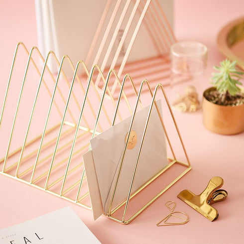 Sooyee 9 Slot Rose Gold Magazine Holder, Desktop File Sorter Organizer, Triangle Bookshelf Decor for Home Office