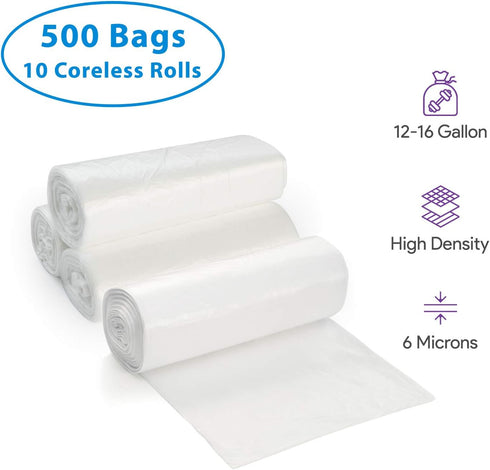 12-16 500 Count 6 10 Gallon Clear Garbage Can Liners, - Medium - Large Trash Can Liners - High Density, Thin