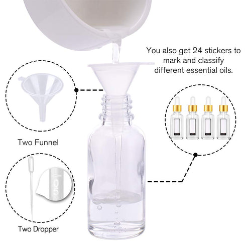 PrettyCare Eye Dropper Bottle 2 oz, 12 Pack Clear Glass Bottles with Golden Caps, Labels, Funnel & Pipettes
