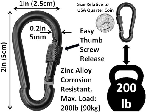 Black & Silver Heavy Duty Bushcraft Locking Thumb Screw Closure - Zinc-Galvanized Steel Carabiner Spring Snap