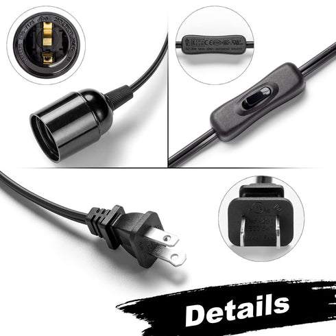 SIXZOONM 15Ft E26 Bulb Bulb) Hanging Light Cord - Black, Pendant Light Cord with Light Socket, On/Off Switch, Polarized