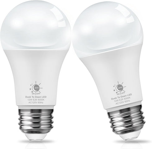 LOHAS Dusk to Dawn Sensor Light Bulbs, A19 12W (100 Watt Equivalent), LED Bright Porch Lighting, Daylight White 5000K,