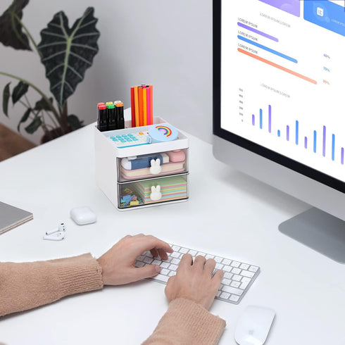 LETURE Small Desk Organizer With Drawer, Office Desktop Storage Box for Business Card/Pen/Pencil/Mobile Phone/Stationery
