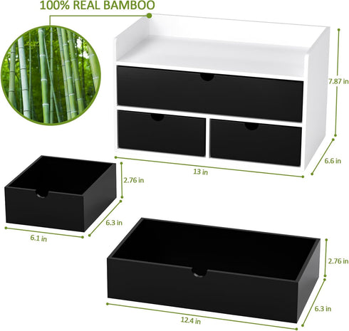 Wisuce Desk Organizer with Drawers - White-Black Bamboo Desktop Organizer Storage for Bills, Office Supplies,