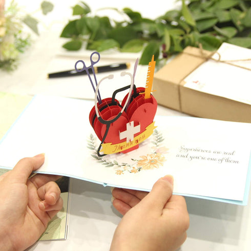 CUTE POPUP Medical Thank You Card with Superhero Heart Design, Premium Handmade Gift for Nurse, Doctor, Healthcare