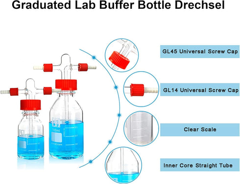 ALWSCI 250mL Lab Gas Washing Bottle, Graduated Lab Buffer Bottle, GL45 with Filter Disc