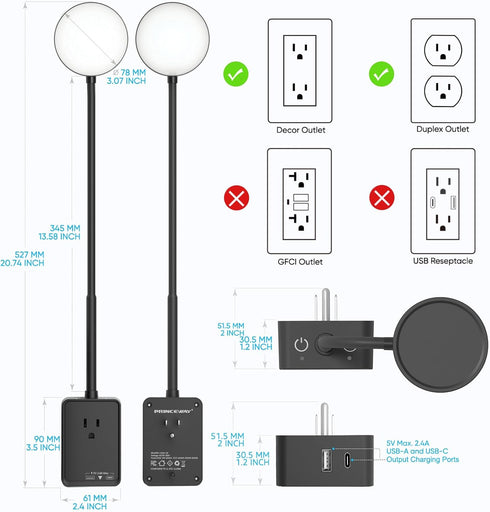 Dimmable 3 Plug in LED Book Reading Light, Black LED Wall Sconce Lamp with Power Plug and Outlet Extender for Kitchen