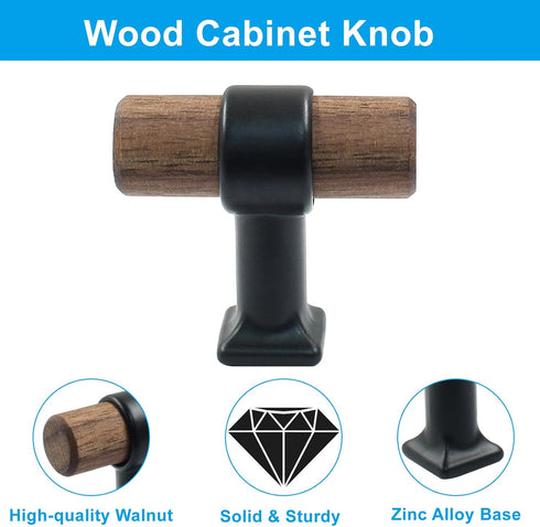 Piutouyar 4 Pack 40mm/1.57" Walnut Cabinet Pulls, Single Hole Wood Drawer Handle Knobs, T Bar Knob Pull Handles