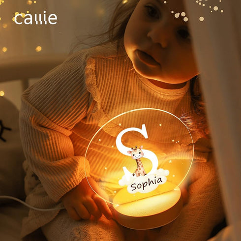 callie Acrylic Night Light Name Plate Personalized, Custom Cute Forest Animals with Wooden Base Bedroom Decor, Birthday