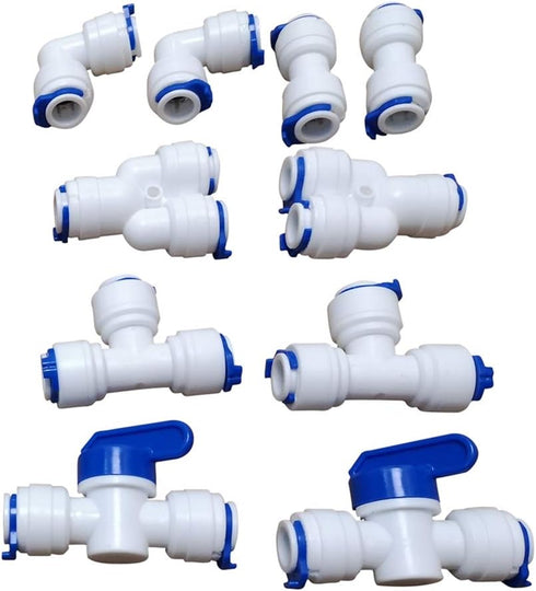 3/8" inch Quick Connect Water Purifiers Tube Fittings for RO Water Reverse Osmosis System (Ball Valve+L+Y+I+T Type) + PVC Pipe Tube Hose Cutter + 5 Meters/16 Feet Tubing Pipe (White)