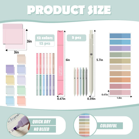 Jutom 29 Pcs Book Annotation Kit, Aesthetic Highlighters, Gel Pens, Sticky Notes, Dual Ended Markers for School