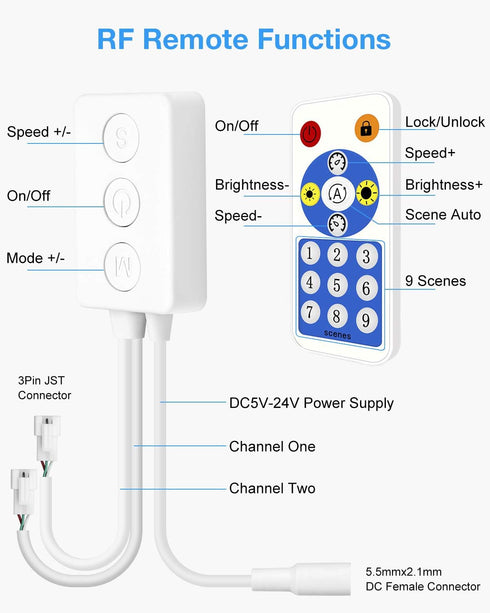 WS2811 WS2812B SK6812 DC5V~24V Aclorol Bluetooth LED Light Controller for LED Addressable Strip Pixels Light Dual