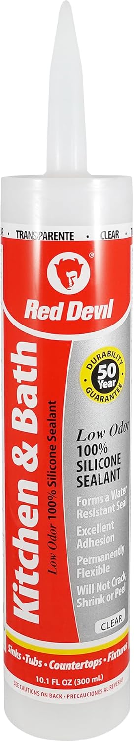 Red Devil 0887 Kitchen & Bath Low Odor Silicone Sealant, 10.1 oz Tube, Clear, Water-Resistant Adhesive