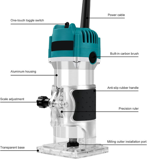 110V 800W Trimmer 30000R/MIN Router Tool, Compact Wood Router Tool for Woodworking, Electric Hand Compact Edge