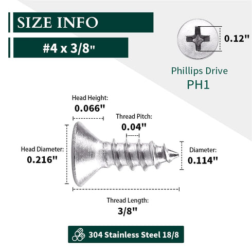 #4 x 3/8" (200 pcs) Flat Head Sheet Metal Screws, 304 Stainless Steel, Phillips Drive, Self Tapping