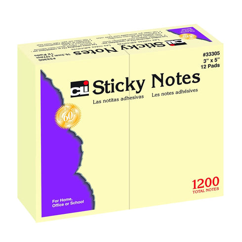 Charles Leonard Sticky Note Pads, 3" x 5", Plain, 12 Per Pack, 3 Packs