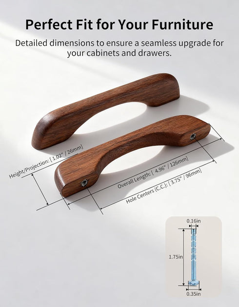 3.75 Inch (96mm) 2 Pack Lafoy Hole Centers Solid Walnut Wood Cabinet Handle, Brown Wooden Drawer Pull Replacement