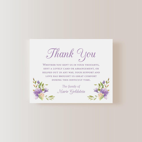 5.5x4.25 Purple Flowers Sympathy Thank You Cards, Funeral Thank You Cards, Bereavement Notes with Envelopes, Flat